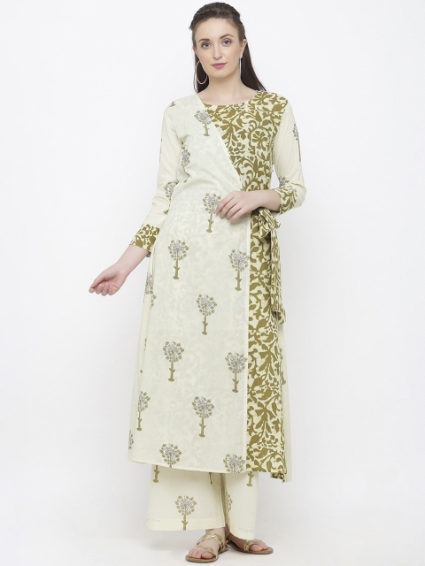 

Indian Virasat Women Beige & Green Floral Printed Angrakha Kurta with Palazzos
