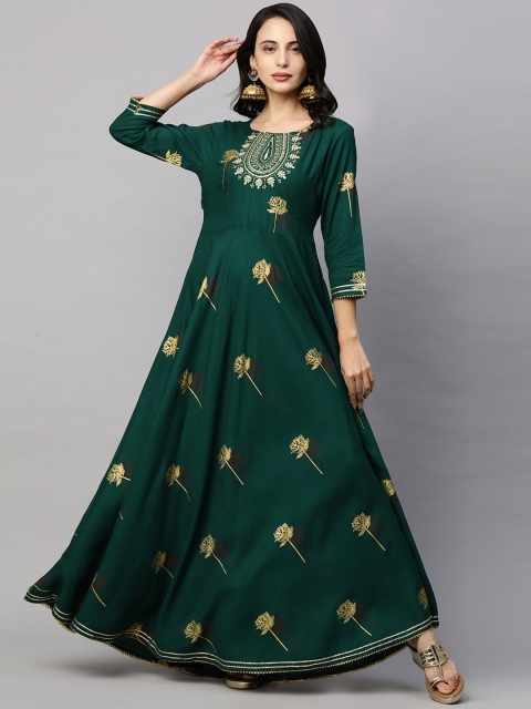 

FASHOR Women Green & Gold-Toned Floral Foil Printed & Hand Embroidered Maxi Dress