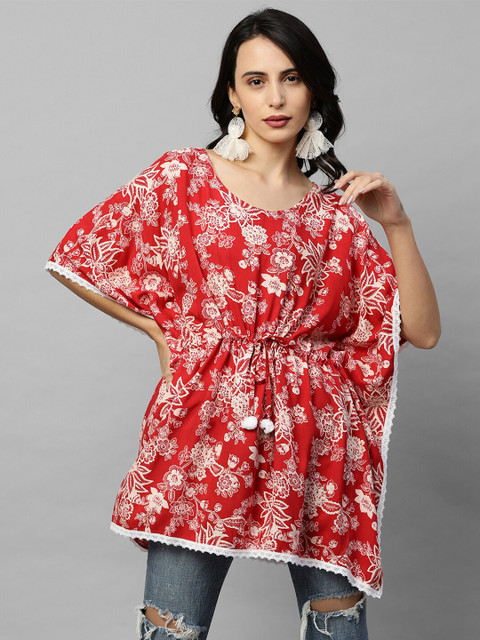 

FASHOR Women Red Floral Printed Short Kaftan