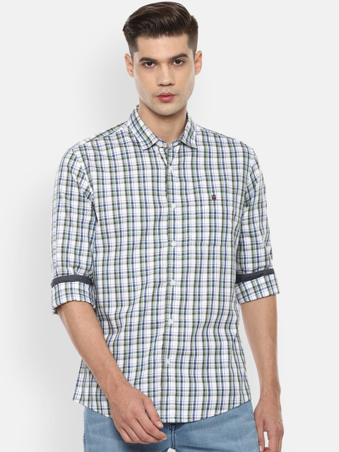 

Louis Philippe Jeans Men White & Green Slim Fit Opaque Checked Pure Cotton Casual Shirt