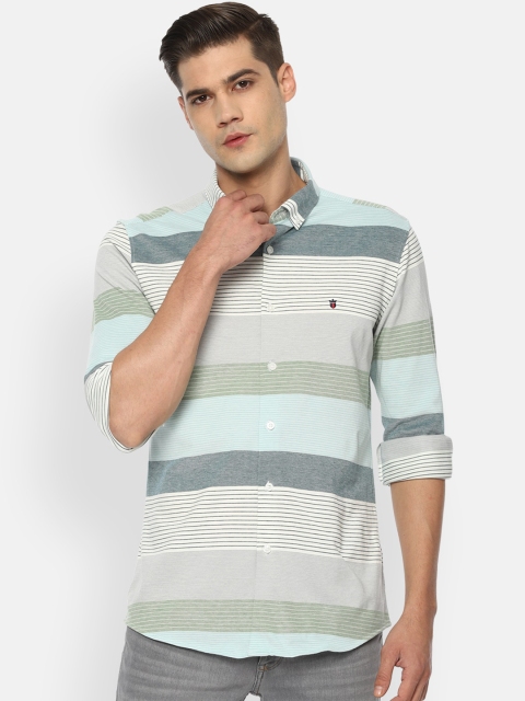 

Louis Philippe Jeans Men Off White & Blue Slim Fit Striped Pure Cotton Casual Shirt