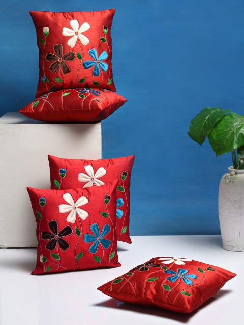 DREAM WEAVERZ Red Set of 5 Floral Square Cushion Covers