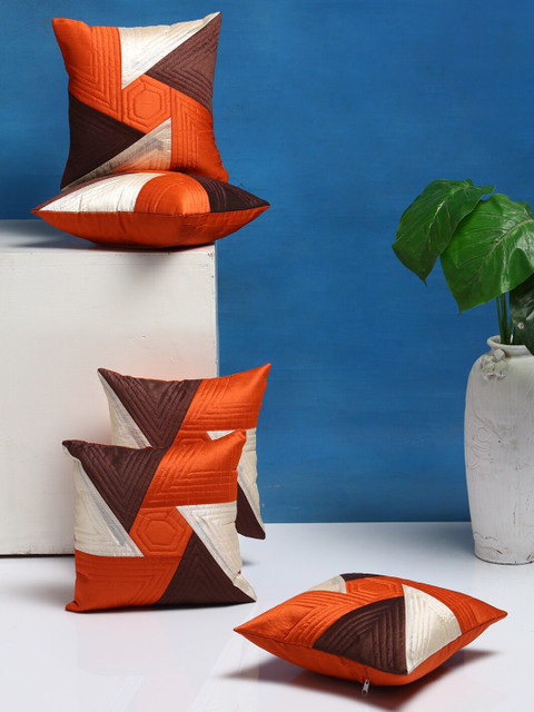 

DREAM WEAVERZ Orange & Brown Set of 5 Colourblocked Square Cushion Covers