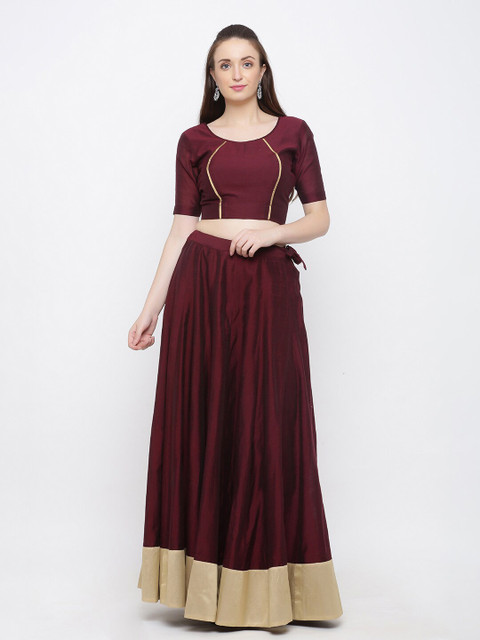 

Indian Virasat Women Maroon & Gold-Toned Solid Ready to Wear Lehenga with Blouse