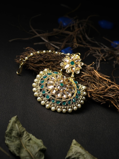 

Adwitiya Collection 24 CT Gold-Plated Green & White Stone Handcrafted Antique Maang Tikka
