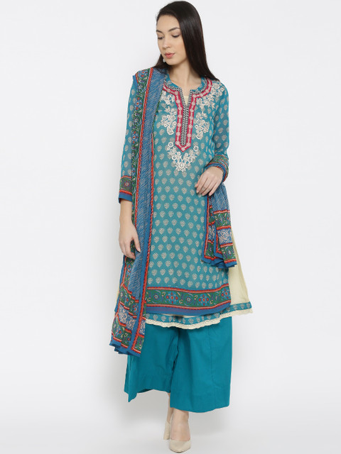 

Biba Teal Blue Printed Kurta with Palazzo Trousers & Dupatta
