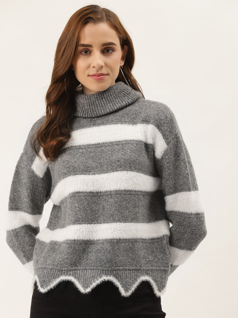 

Duke Women Grey & White Striped Woolen Pullover Sweater with Fuzzy Detail