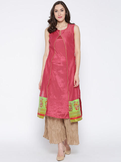 

Biba Women Coral Pink Woven Design Straight Kurta