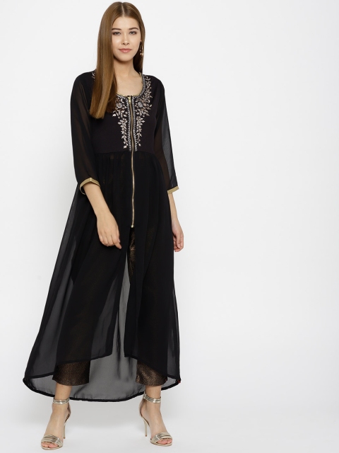 

Biba Black Sheer Embroidered A-Line Kurta