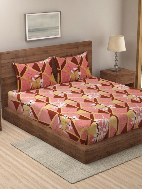 

NEUDIS Peach-Coloured & Brown Floral 180 TC Queen Bedsheet with 2 Pillow Covers