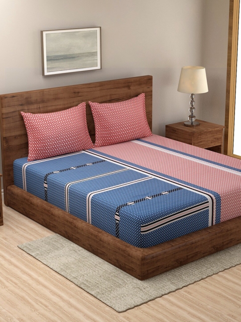 

NEUDIS Blue & Orange Geometric 180 TC Queen Bedsheet with 2 Pillow Covers