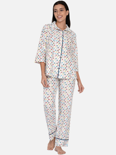 

The Kaftan Company Women White Elephants Printed Pure Cotton Night Suit