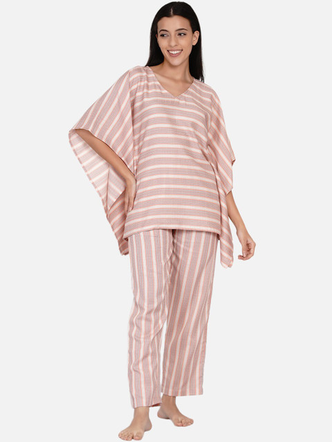

The Kaftan Company Women Peach-Coloured & White Striped Pure Cotton Kaftan Night suit
