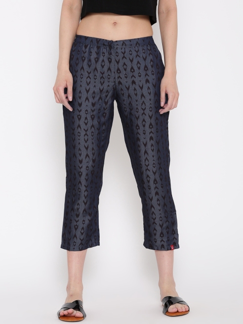 

Biba Women Blue Printed Flat-Front Cropped Chambray Trousers
