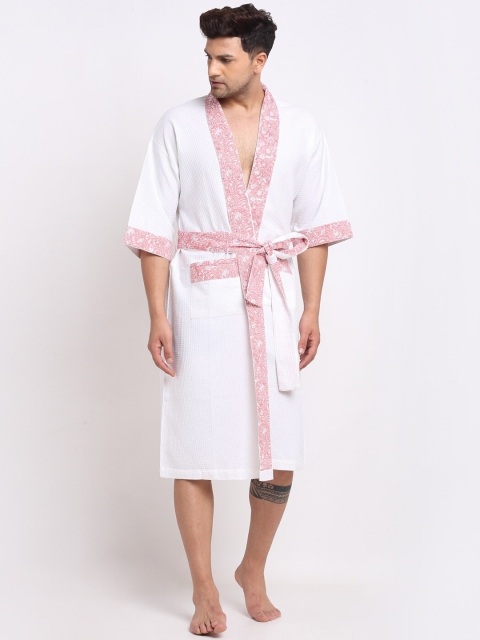 

Fabindia White & Pink Printed Cotton Bath Robe