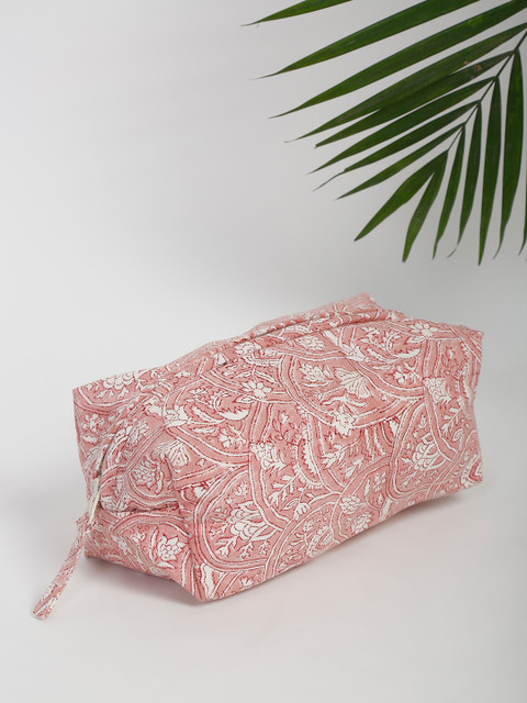 

Fabindia Unisex White & Peach-Coloured Printed Cotton Travel Pouch