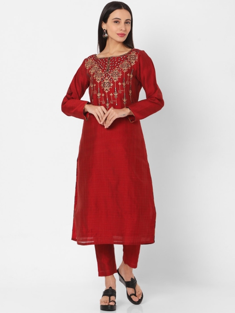 

SALWAR STUDIO Women Maroon Ethnic Motifs Embroidered Regular Kurta with Trousers