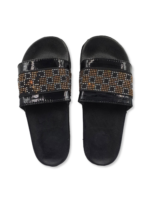 

Pampy Angel Women Black & Gold-Toned Embellished Rubber Sliders