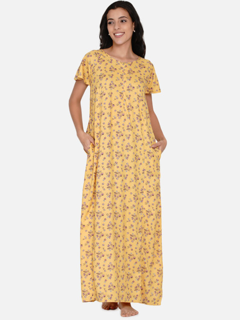 

The Kaftan Company Women Yellow Printed Maxi Nightdress