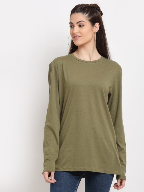 

DOOR74 Women Olive Green Cotton T-shirt