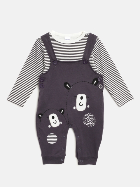 

Moms Love Infant Boys White & Charcoal Grey Striped T-shirt with Dungarees