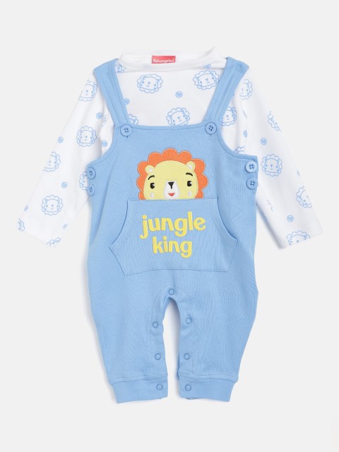 

Fisher Price X Moms Love Boys Infant Blue & White Cotton Printed T-shirt with Dugarees