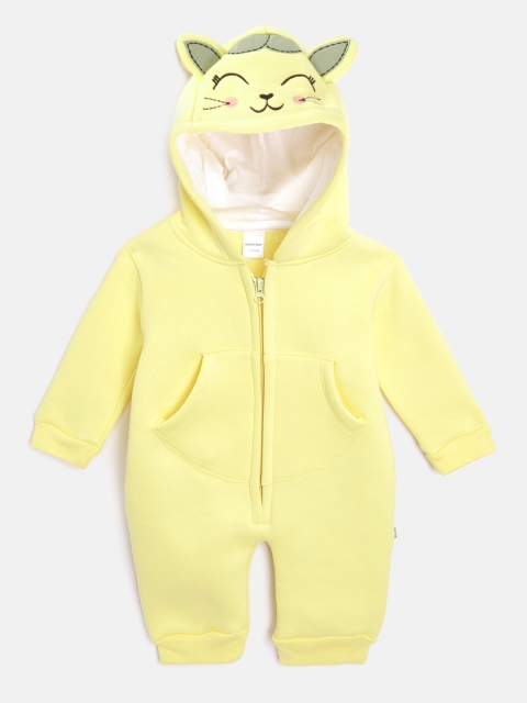 

Moms Love Infant Girls Lemon Yellow Solid Hooded Fleece Lined Pure Cotton Rompers