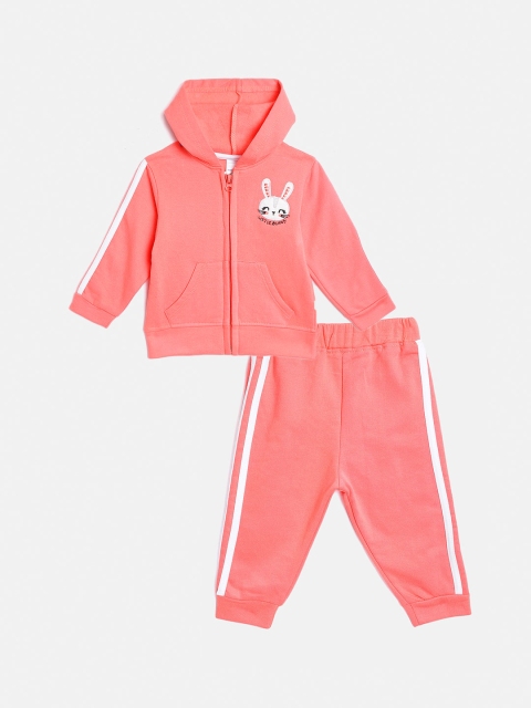 

Moms Love Girls Coral Pink Pure Cotton Solid Hooded Tracksuit with Side Taping