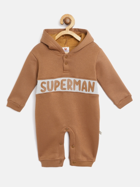 

Moms Love Infant Boys Brown & Grey Melange Cotton Superman Print Hooded Winter Rompers