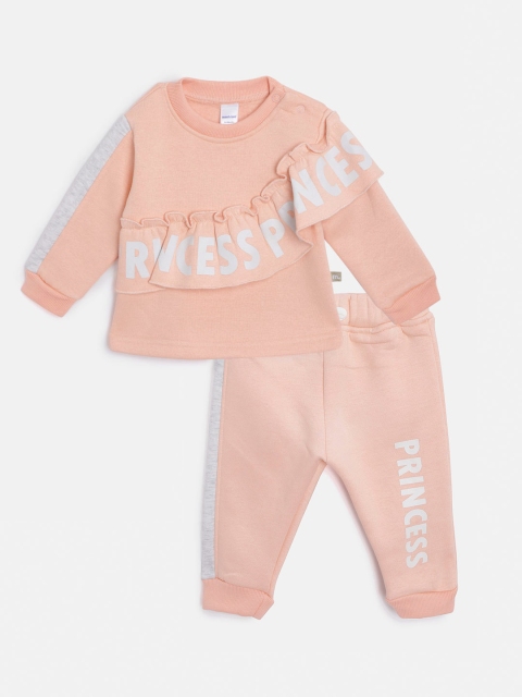 

Moms Love Infant Girls Peach-Coloured & Grey Cotton Printed Sweatshirt with Joggers