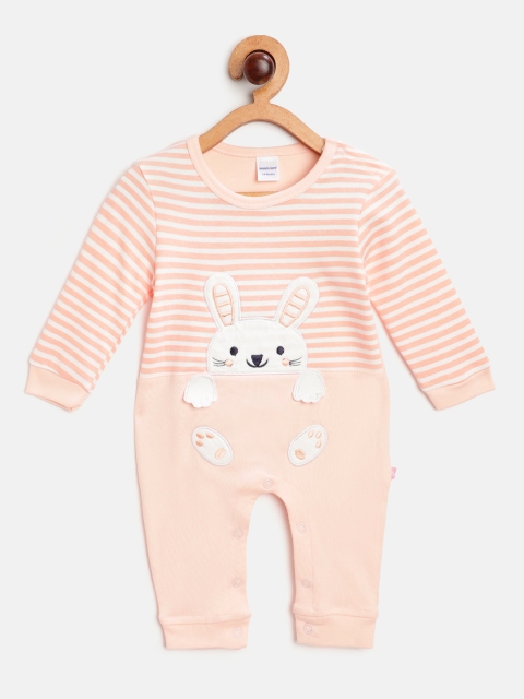

Moms Love Infant Girls Peach-Coloured & White Striped Pure Cotton Rompers