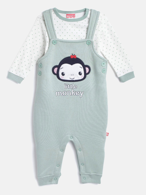 

Fisher Price X Moms Love Infant Girls Green & White Cotton Printed T-Shirt with Dungarees