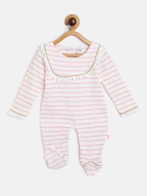 

Moms Love Infant Girls White & Pink Pure Cotton Striped Sleepsuit with Frills Detail