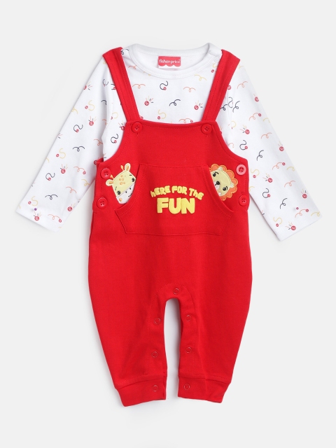 

Fisher Price X Moms Love Infant Boys Red & White Cotton Printed T-Shirt with Dungarees