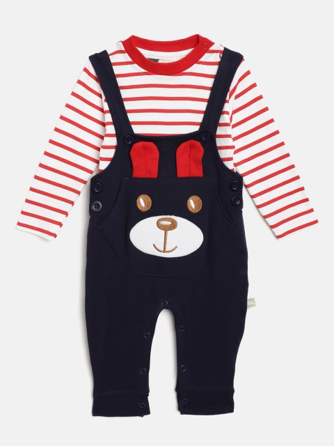 

Moms Love Infant Boys White & Navy Blue Striped T-shirt with Dungarees