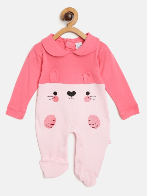 

Moms Love Infant Girls Pink Pure Cotton Colourblocked Applique Detail Sleepsuit