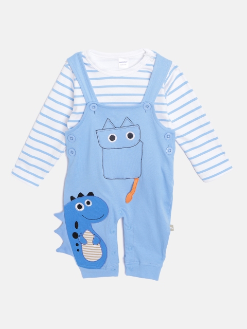 

Moms Love Infant Boys White & Blue Cotton Striped T-shirt with Dungarees