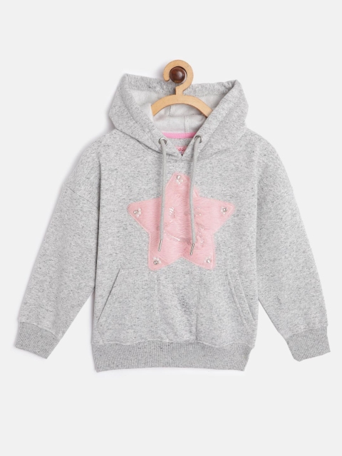 

White Snow Girls Grey Melange & Pink Star Applique Hooded Sweatshirt