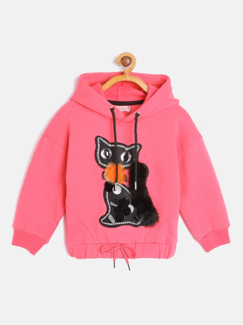 

White Snow Girls Pink & Black Cat Applique Hooded Sweatshirt