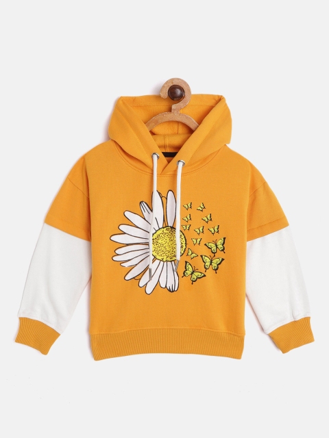 

White Snow Girls Mustard Yellow & White Floral & Butterfly Print Hooded Sweatshirt