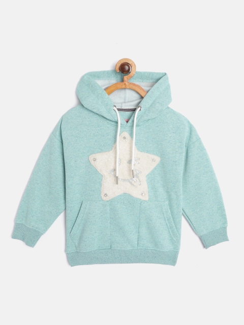 

White Snow Girls Sea Green & Off-White Star Applique Hooded Sweatshirt