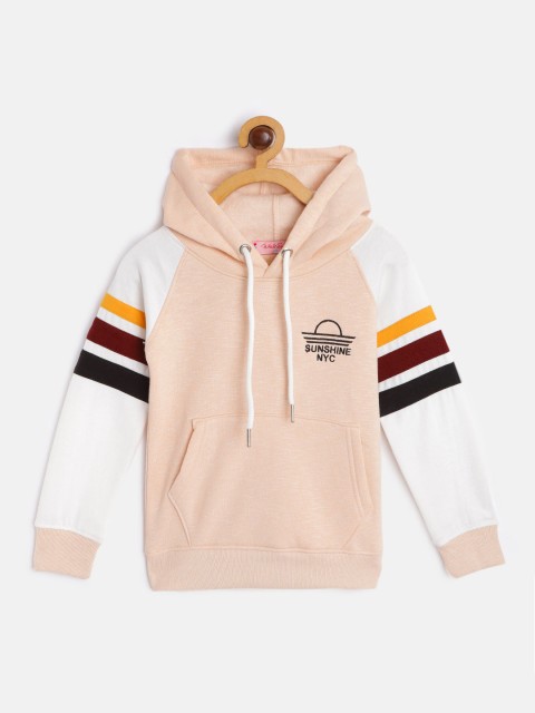 

White Snow Girls Peach-Coloured & White Solid Hooded Sweatshirt