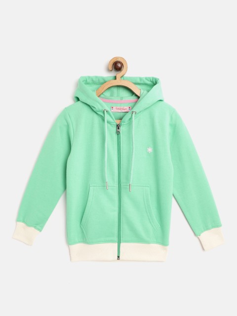 

White Snow Girls Green Solid Hooded Sweatshirt
