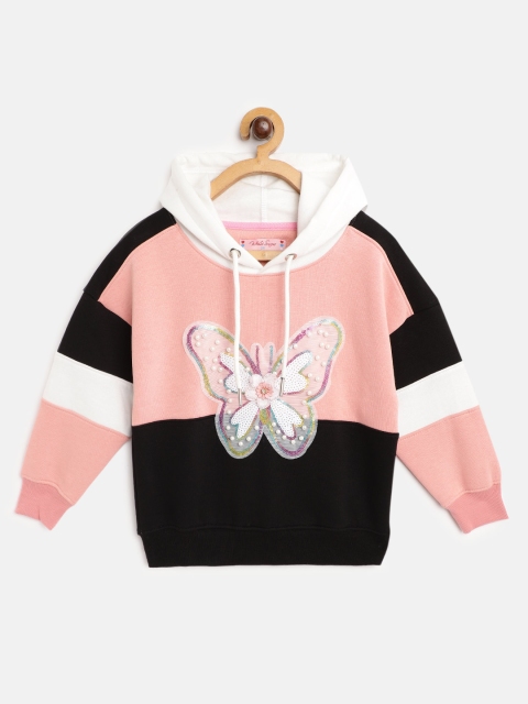 

White Snow Girls Black & Peach-Cloured Colourblocked Hooded Applique Detail Sweatshirt