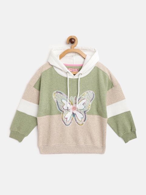 

White Snow Girls Beige & Mint Green Colourblocked Hooded Applique Detail Sweatshirt