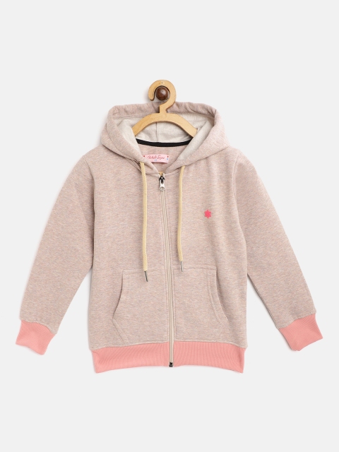 

White Snow Girls Beige Solid Hooded Sweatshirt with Melange Effect