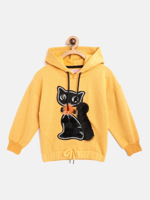 

White Snow Girls Mustard Yellow & Black Cat Embellished Hooded Sweatshirt with Faux Fur
