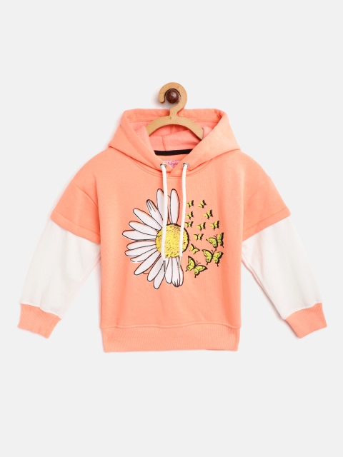 

White Snow Girls Coral Orange & White Printed Hooded Sweatshirt