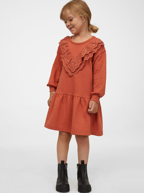 

H&M Kids Girls Rust Self Design Round Neck Sweatshirt Dress