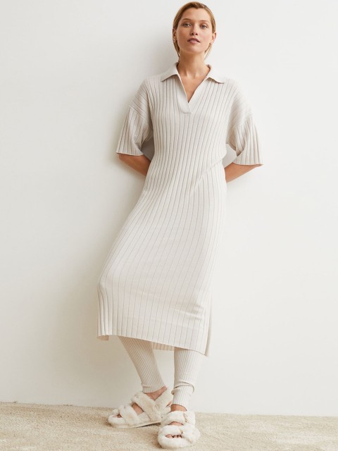 

H&M Woman Beige Collared Rib-knit dress